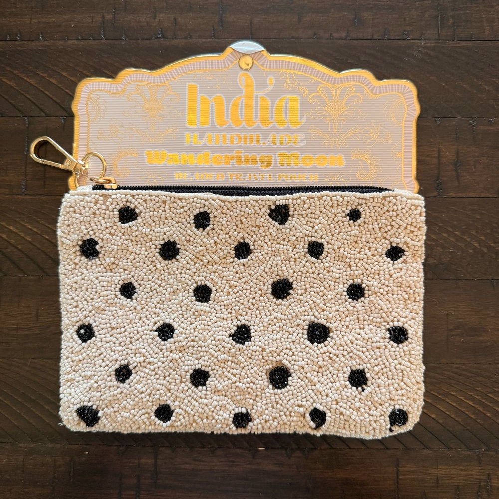 Beaded Polka Dot Beige and Black Wristlet Pouch